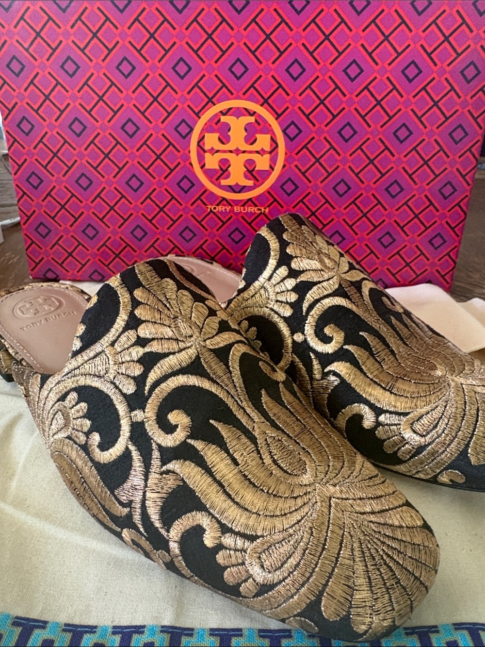 Tory Burch Black and Gold Baroque Embroidered Slip-On Mules
